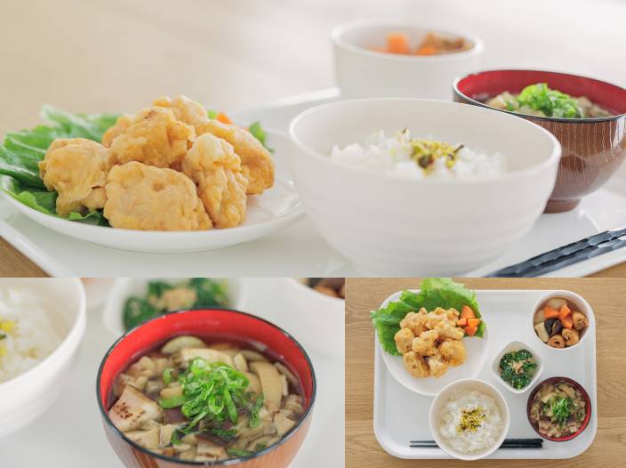 唐揚げが主菜の栄養バランスが考えられたランチの写真